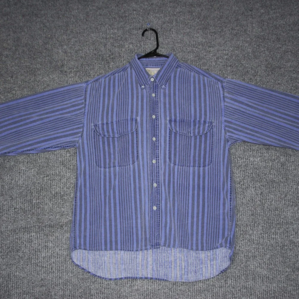 Pier Connection Mens Medium Striped‎ Button Down Shirt 100% Cotton Blue Gray